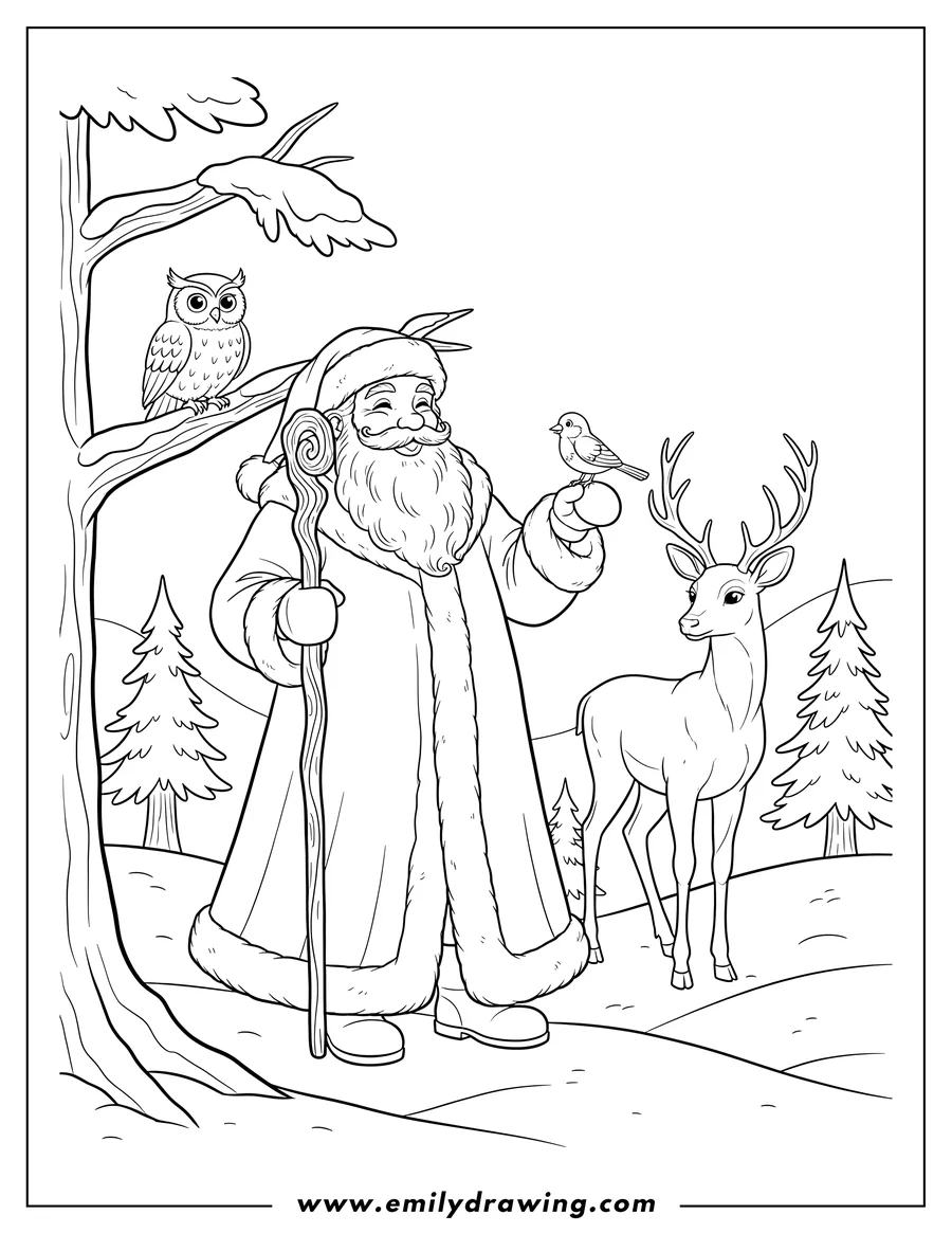 Black and white line art of santa Claus outdoors, holding a staff with a bird on his hand, an owl perched on a branch, and a deer standing nearby