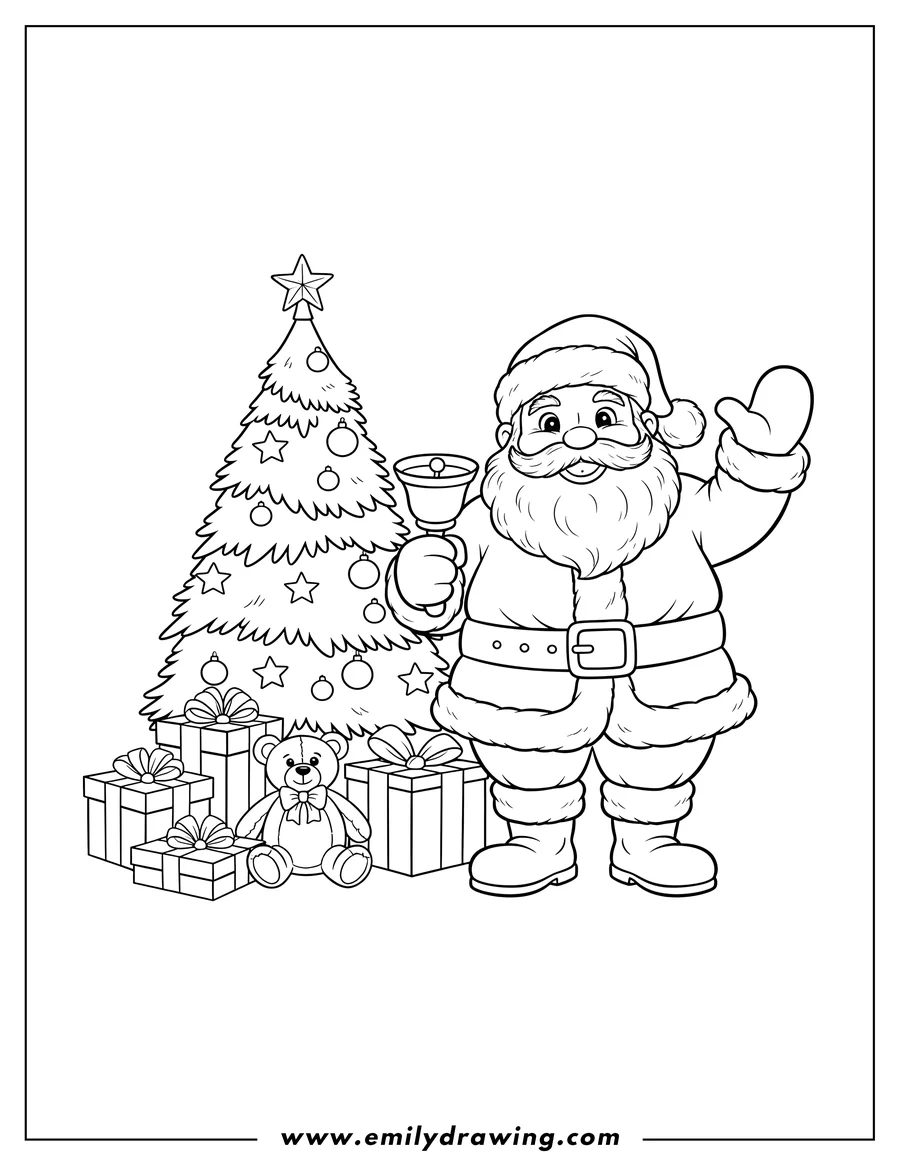 Coloring sheet featuring santa smiling, holding a bell and waving, standing next to presents and a Christmas tree, with a teddy bear