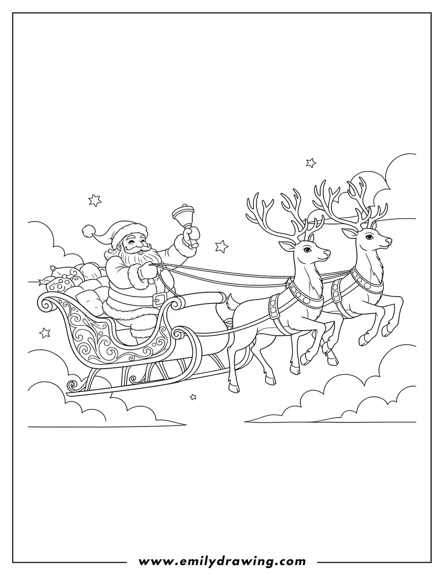 Free to print drawing of santa in a sleigh, holding a bell and reins, flying with two reindeer