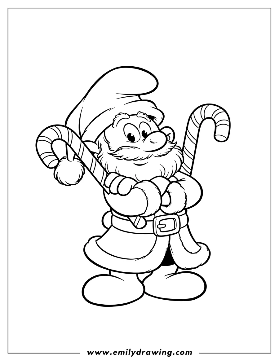 Downloadable coloring page of santa Smurf with arms crossed and Christmas candy canes