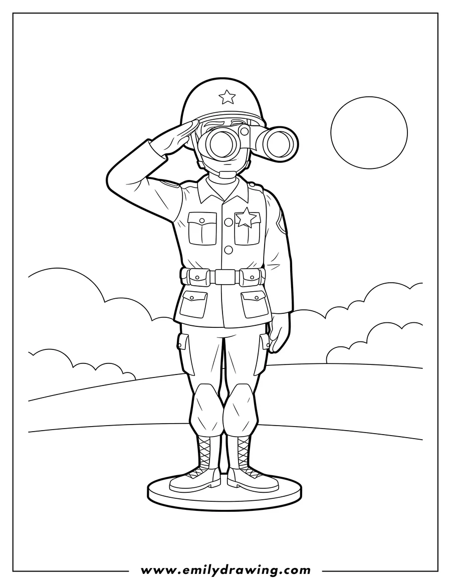 Coloring page of sarge Green Army Man From Toy Story Scaled, saluting and holding binoculars