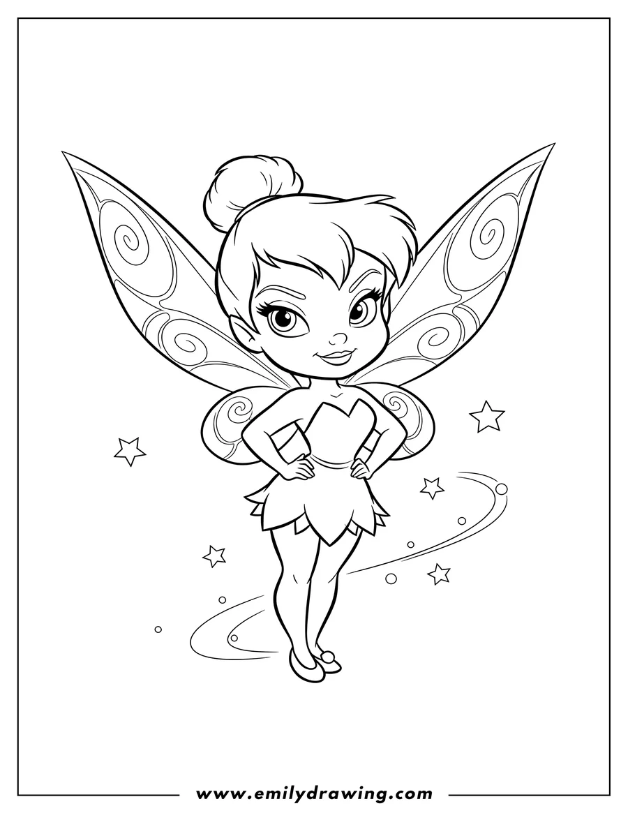 Black and white line art of sassy Chibi Tinker Bell standing with hands on hips and fairy wings