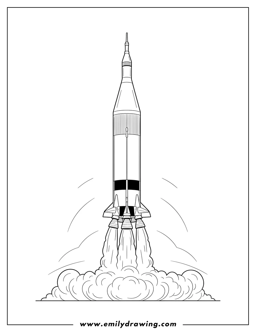 Coloring page for kids: saturn V Nasa Moon Rocket Scaled launching with exhaust
