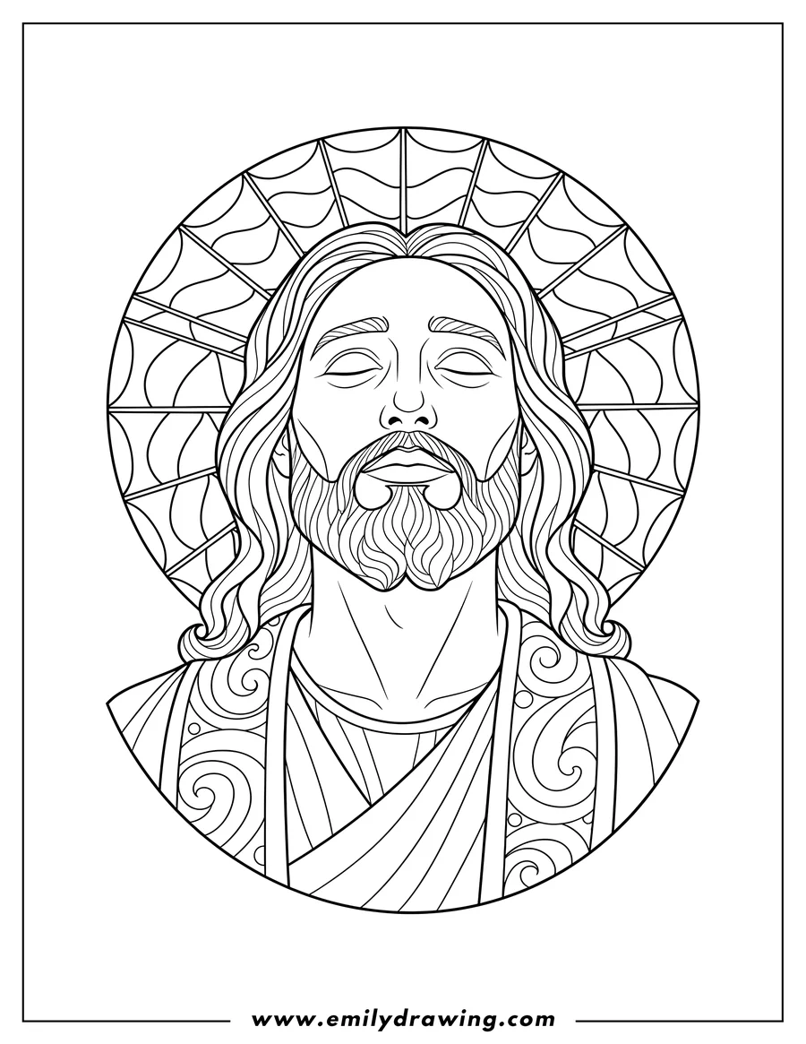 Free printable coloring sheet of scaled Jesus Christ bust, looking up