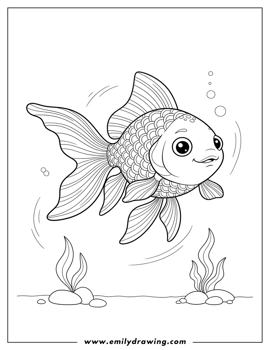 Clean line drawing: scaly Goldfish swimming with flowing fins