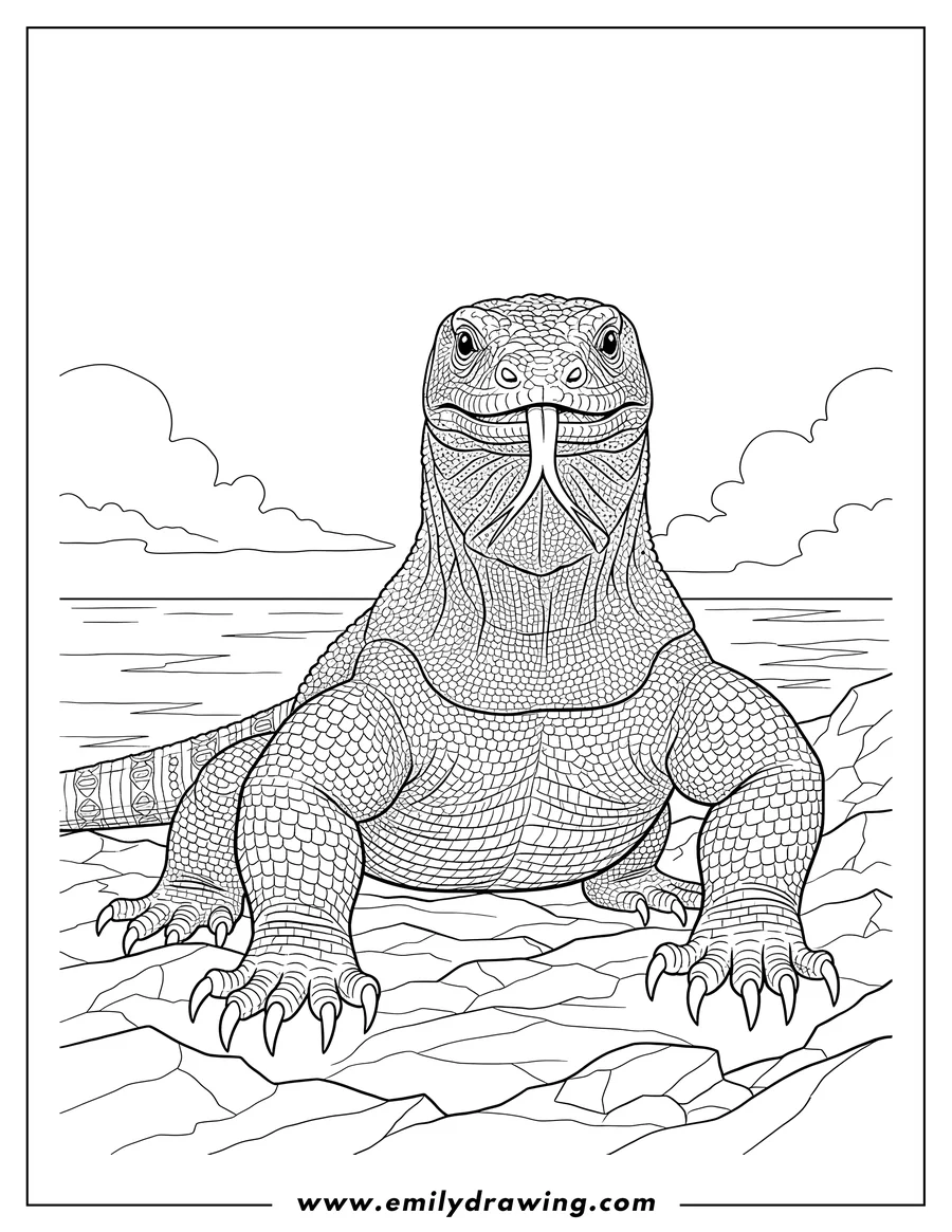 High quality printable scaly Komodo Dragon on rocky ground looking forward beside the sea for coloring