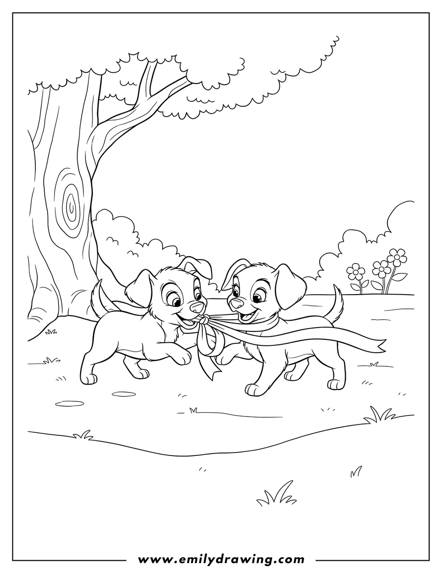 Coloring page for kids: scamp playfully pouncing on Angel and tugging her ribbon in the park