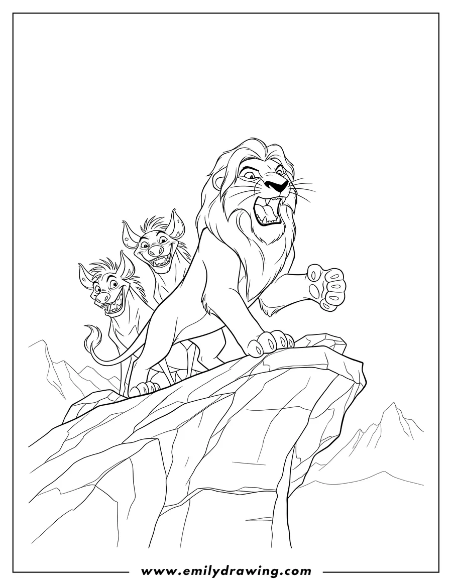 Printable coloring page of scar roaring on a cliff with grinning hyenas