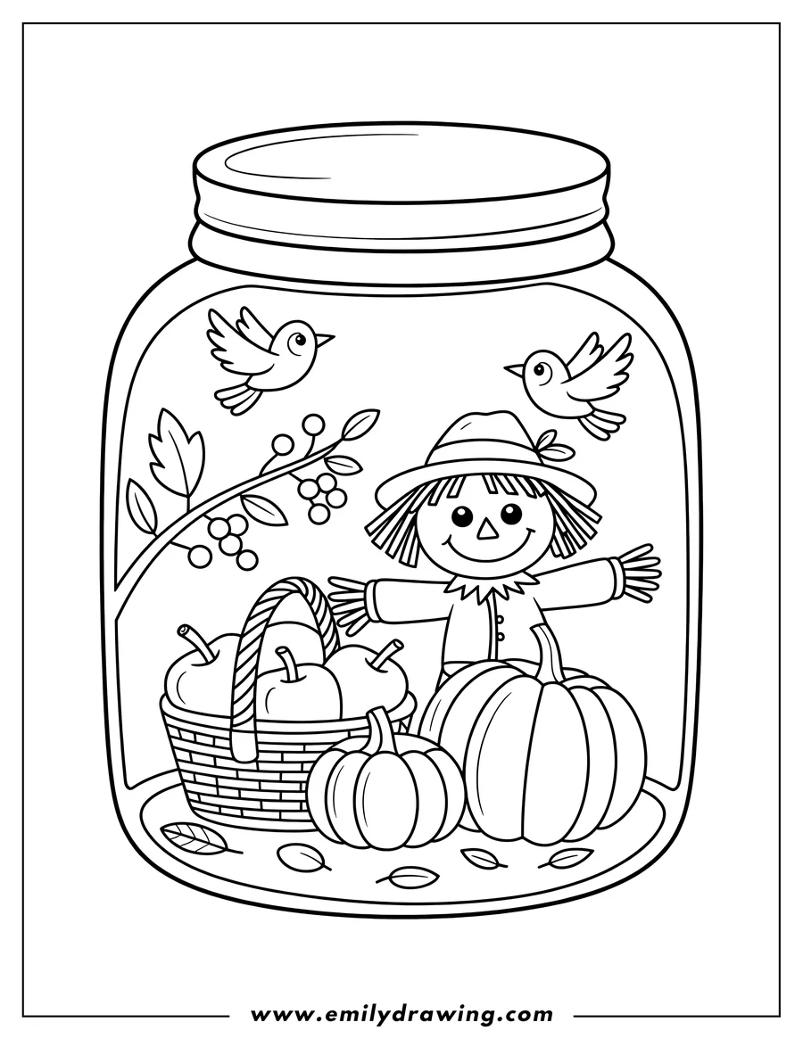 Outline of a scarecrow, pumpkins, and a basket of apples inside a large canning jar, with birds and leaves around them