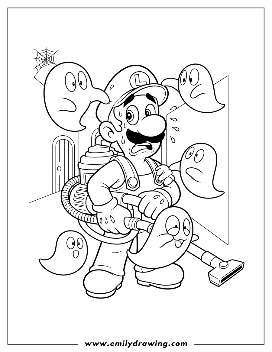 Printable line art of scared Luigi holding a Poltergust, surrounded by ghosts