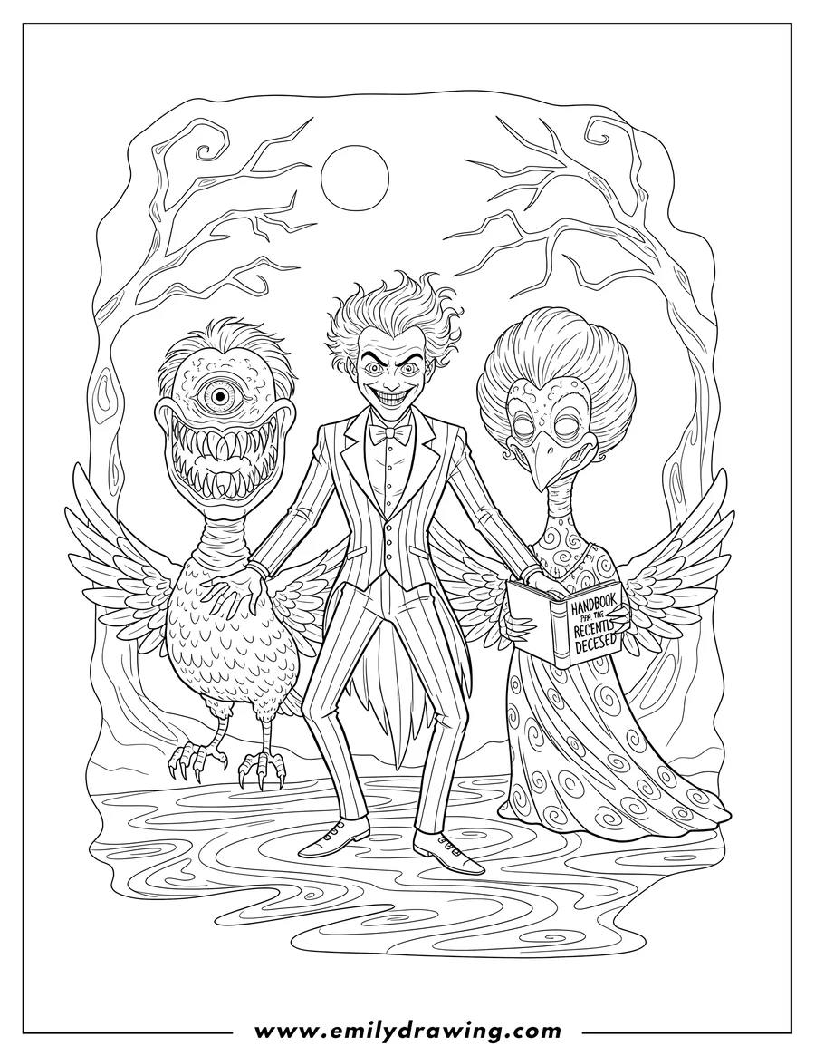 Downloadable coloring page of beetlejuice Scary Adam And Barbara Maitland with bird and monster heads, Barbara holding the handbook