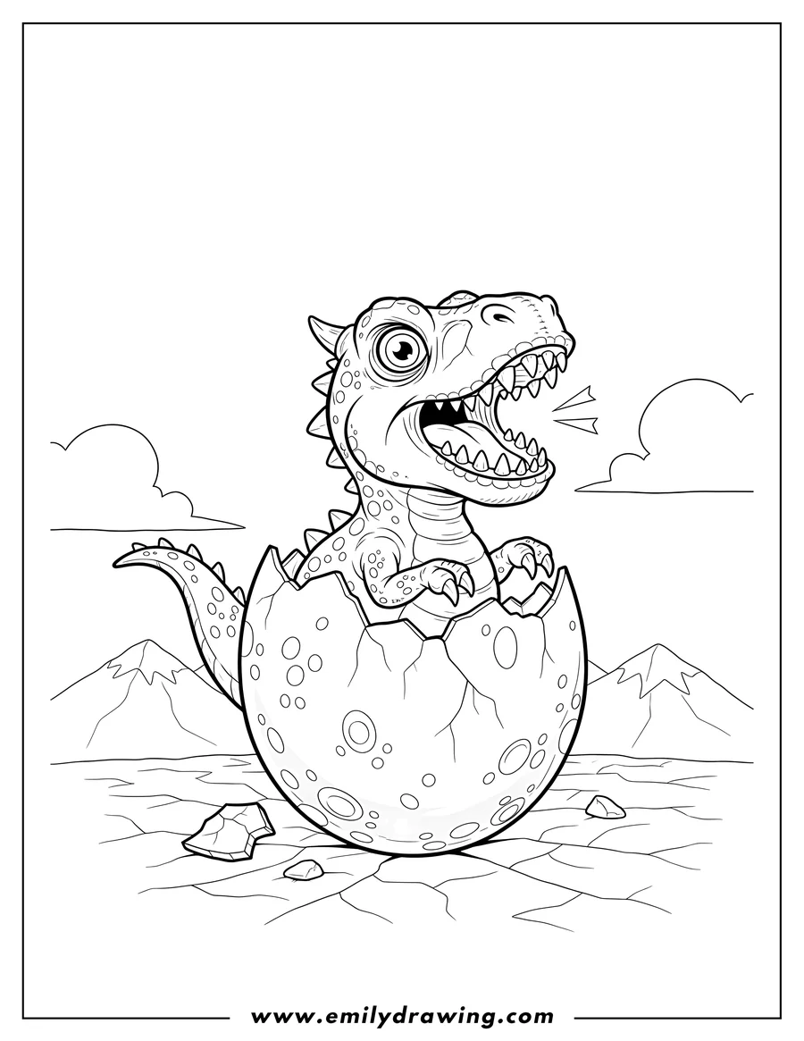 Vector style outline of scary Baby Dinosaur Roaring While Hatching From Dinosaur Egg