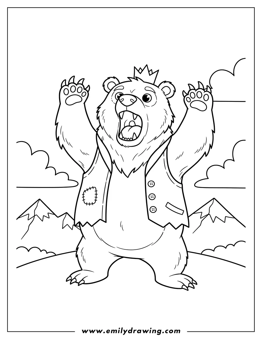 Full page coloring image of scary Bear Roaring While Standing on Hind Legs, Paws Raised