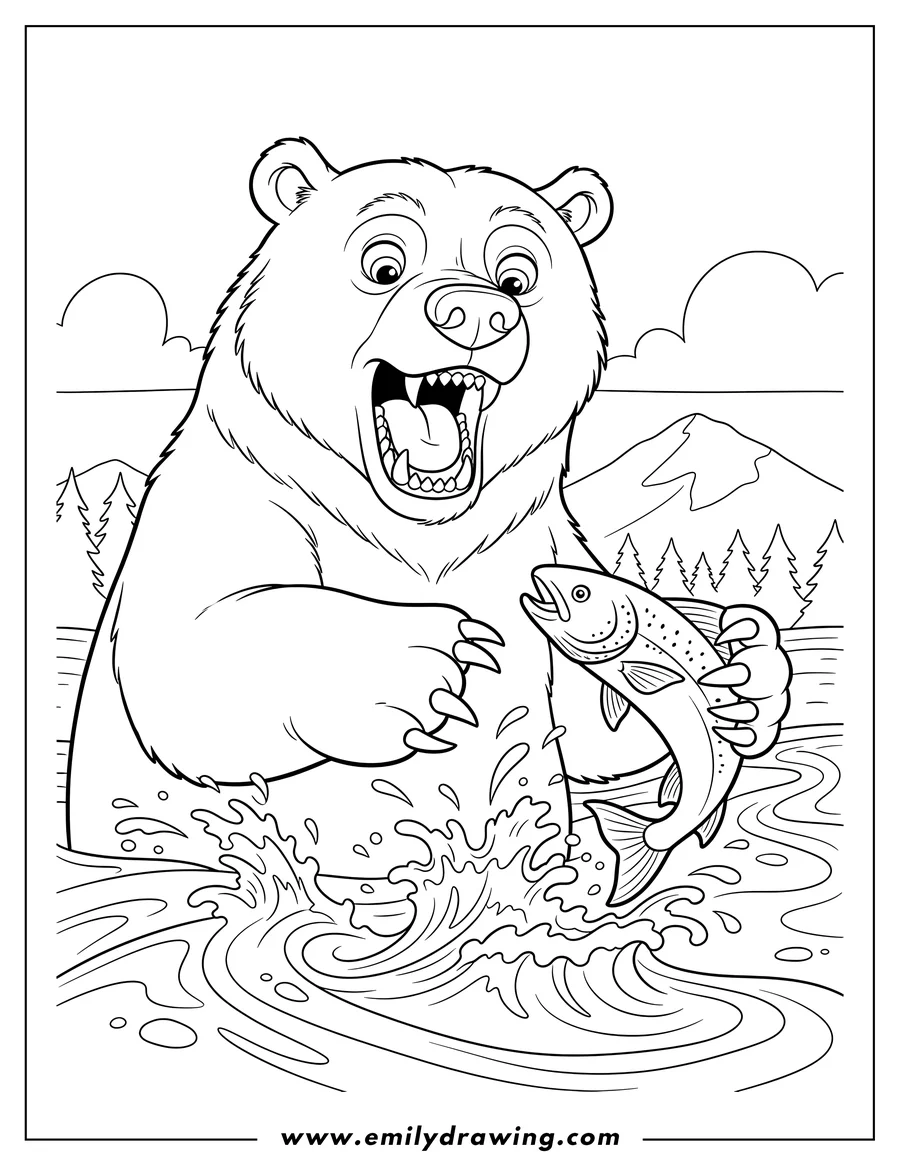 Clean line drawing: scary Bear with open mouth catching a fish jumping out of water with its paw