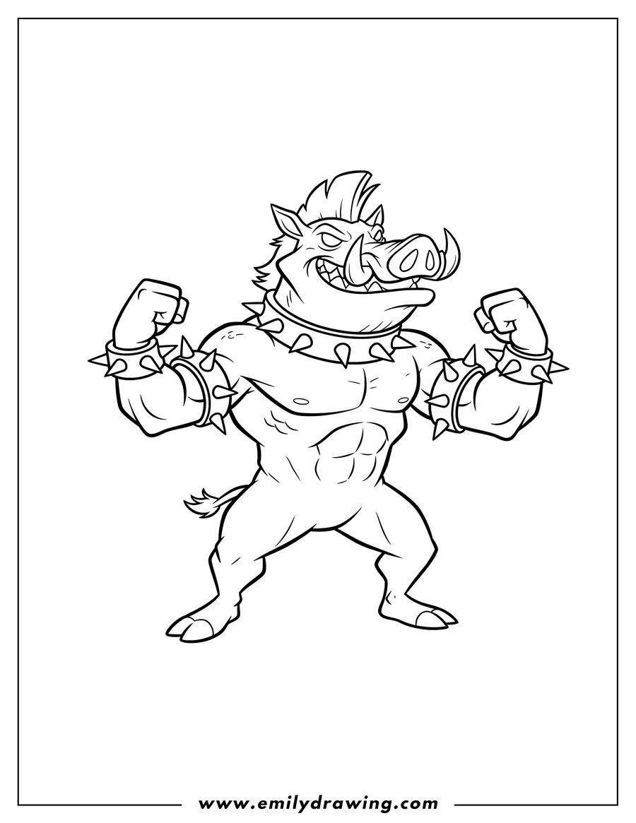 Downloadable coloring page of scary Bepop standing shirtless, with spiked collar and armbands