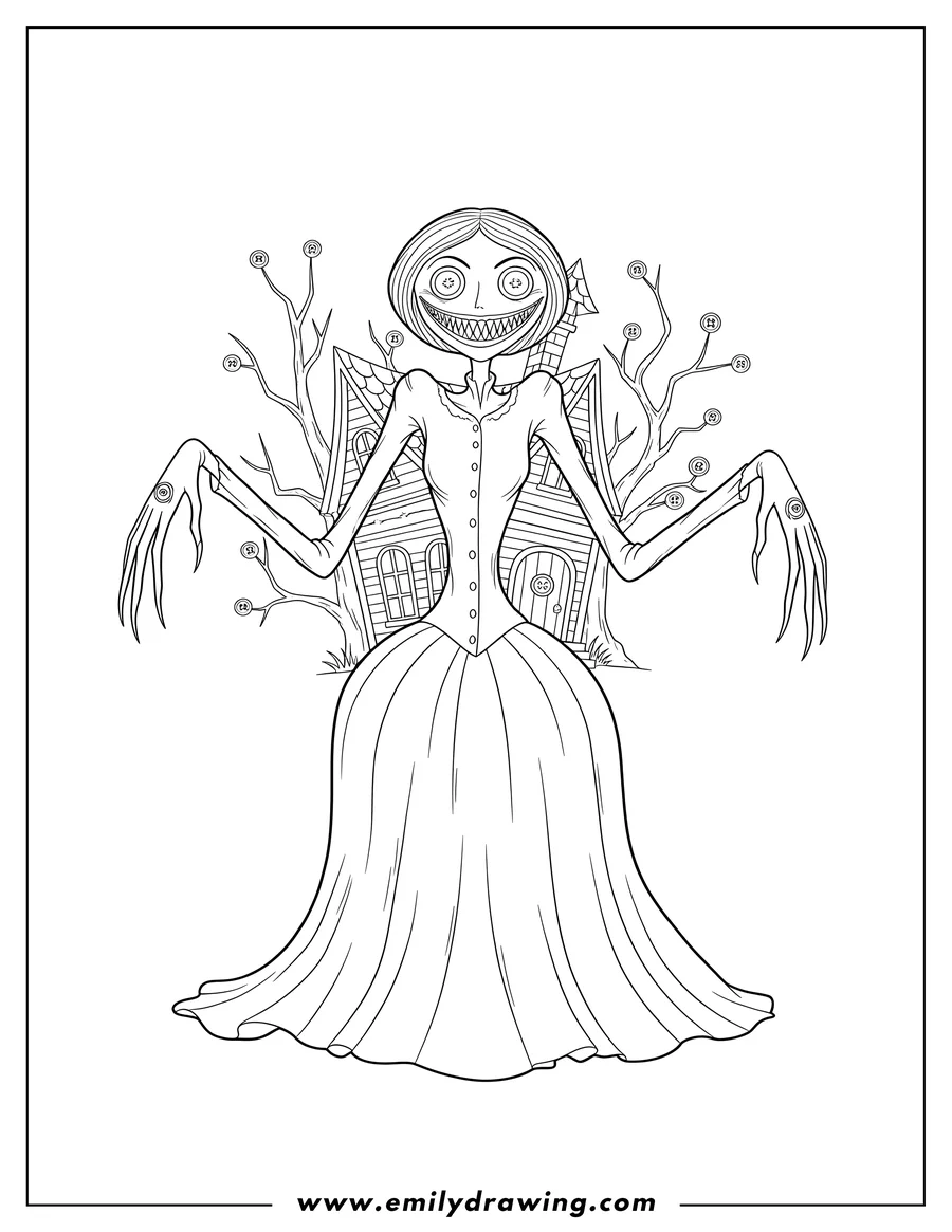 Coloring page for kids: scary Beldam with elongated body, outstretched arms, and menacing smile outside house