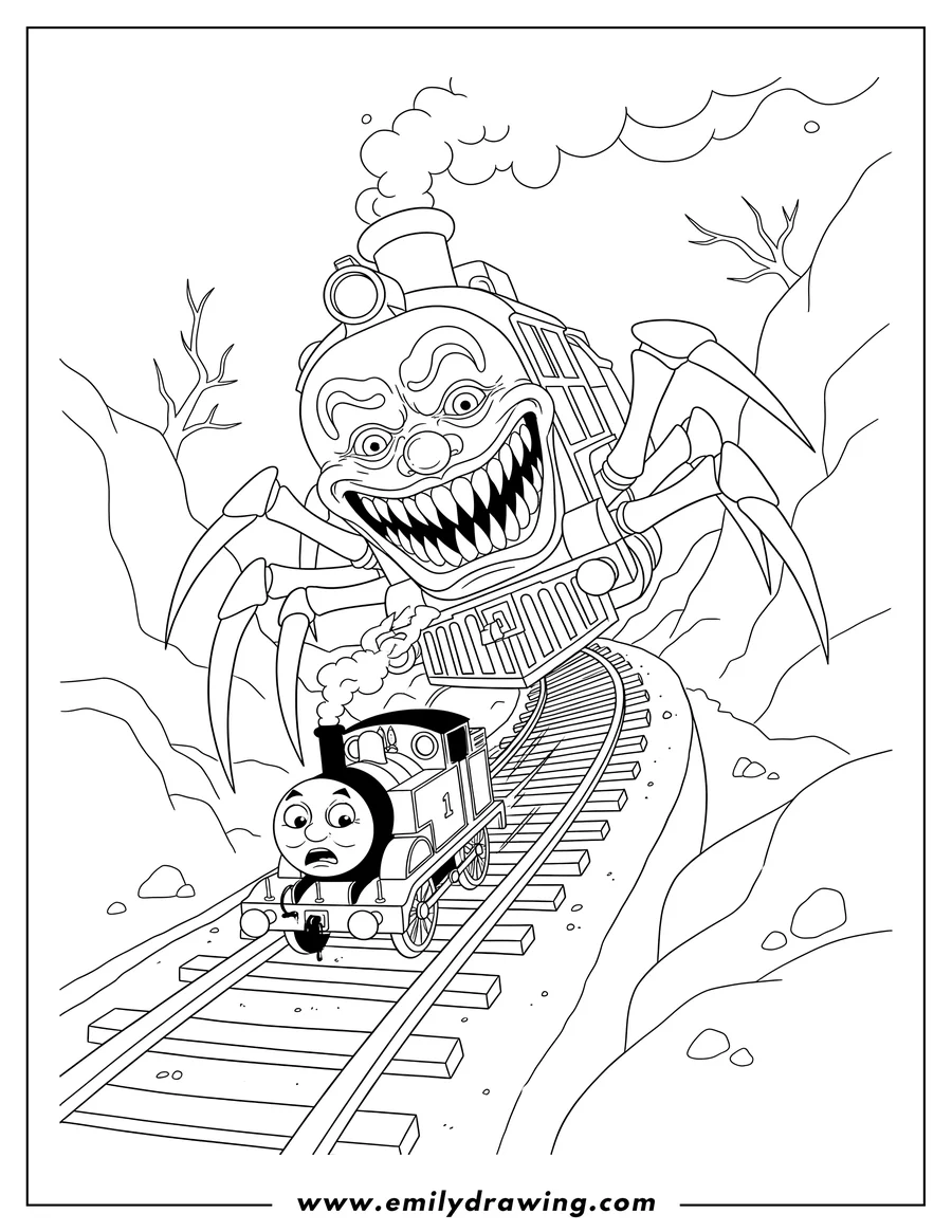 Outline drawing of scary spider-train Choo Choo Charles chasing shocked Thomas on train tracks