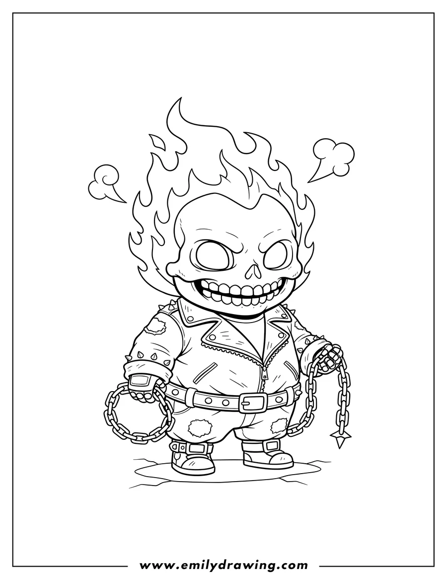 Free to print drawing of scary Chibi Ghost Rider Preschoolers with a flaming skull head and holding a spiked chain
