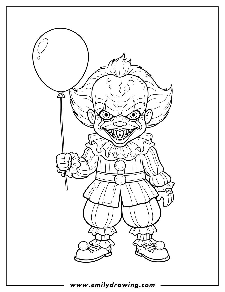 Linear illustration of scary Chibi Pennywise grinning, wearing a ruffled costume, and holding a balloon