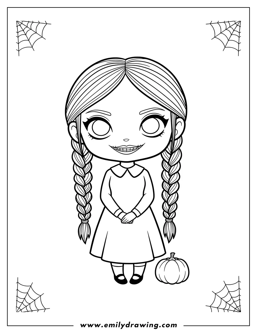 Black and white line art of scary Chibi Wednesday wearing a dress, with braided pigtails and a mischievous stitched-mouth smile