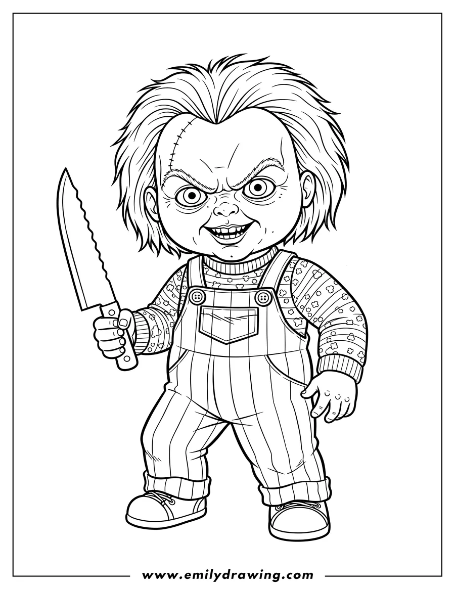Coloring page for kids: scary Looking Chucky Doll holding a knife and wearing overalls