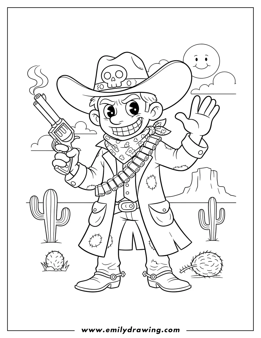 Vector style outline of scary Cowboy in the Wild West, wearing a hat, with a gun and bandolier