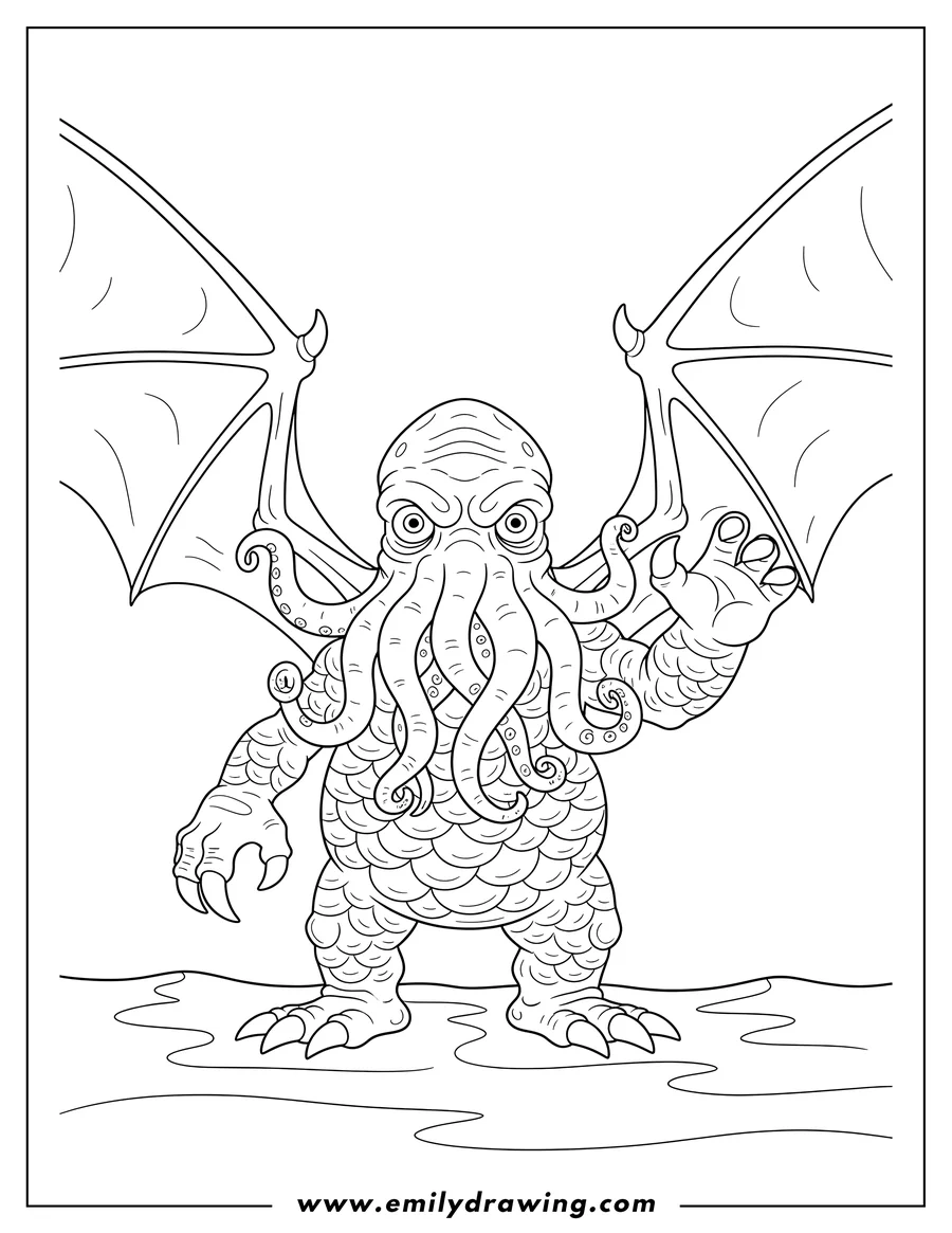 Vector style outline of scary Cthulhu Monster with wings, tentacles, and claws