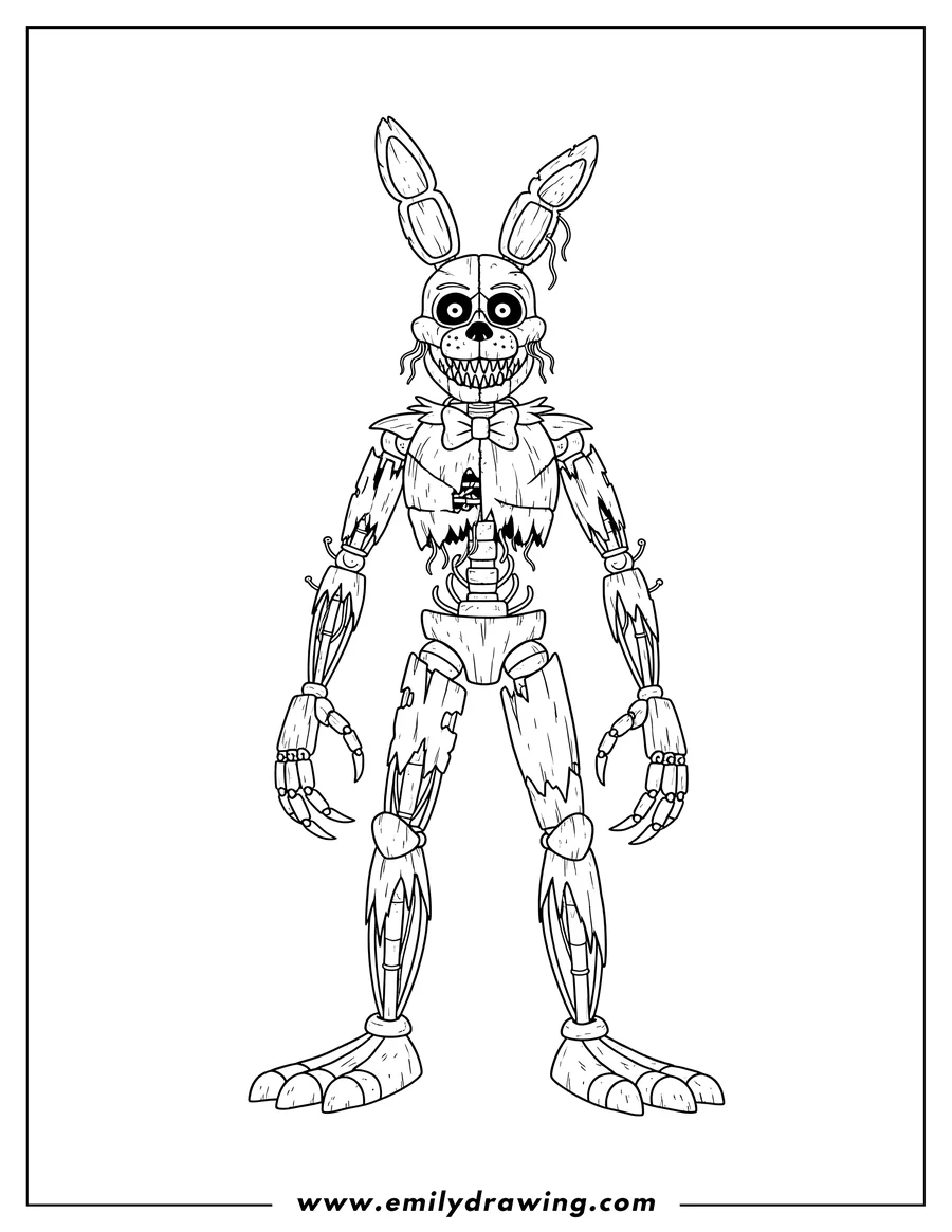 Full page coloring image of scary Detailed Scraptrap standing