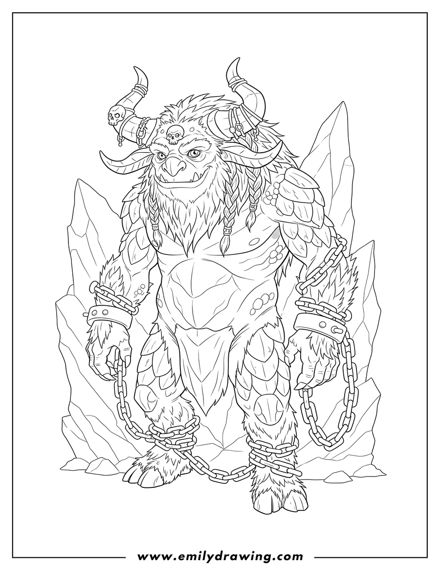 Vector style outline of scary Fantasy Monster With Horns, chained, with braids and skull decorations