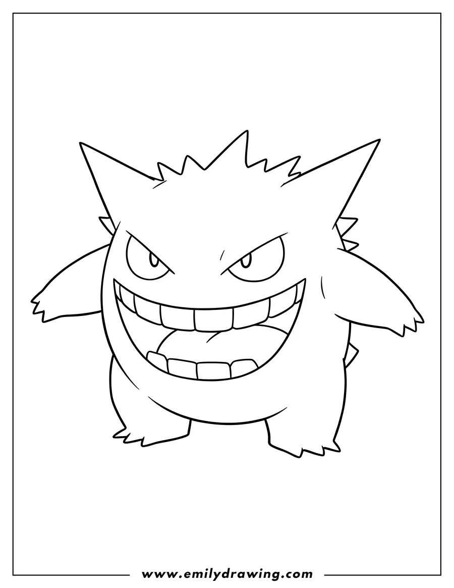 Coloring page of scary Gengar Outline, grinning with sharp teeth and spiky head