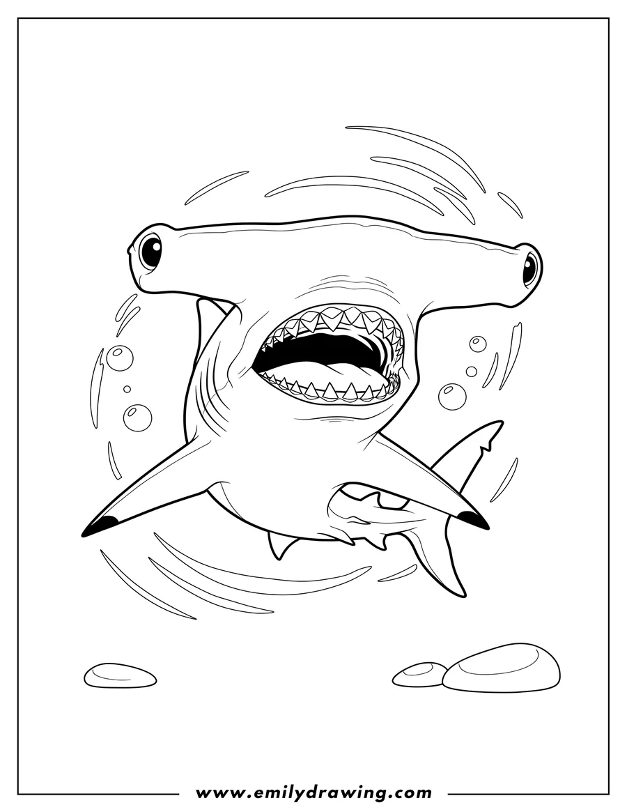 Free printable coloring sheet of scary Hammerhead Shark swimming with its mouth open showing teeth