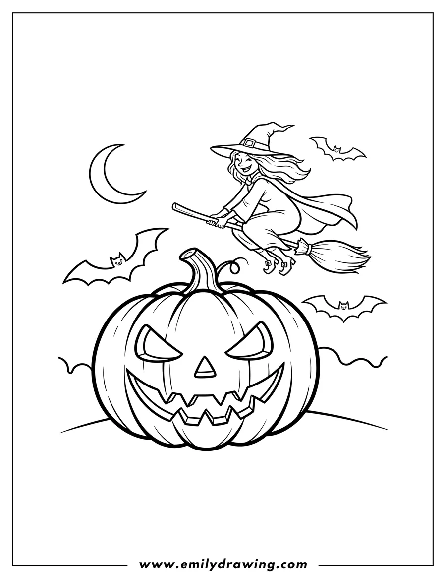 PDF style coloring page: scary Looking Jack O Lantern, a witch flying on a broom, and bats to color