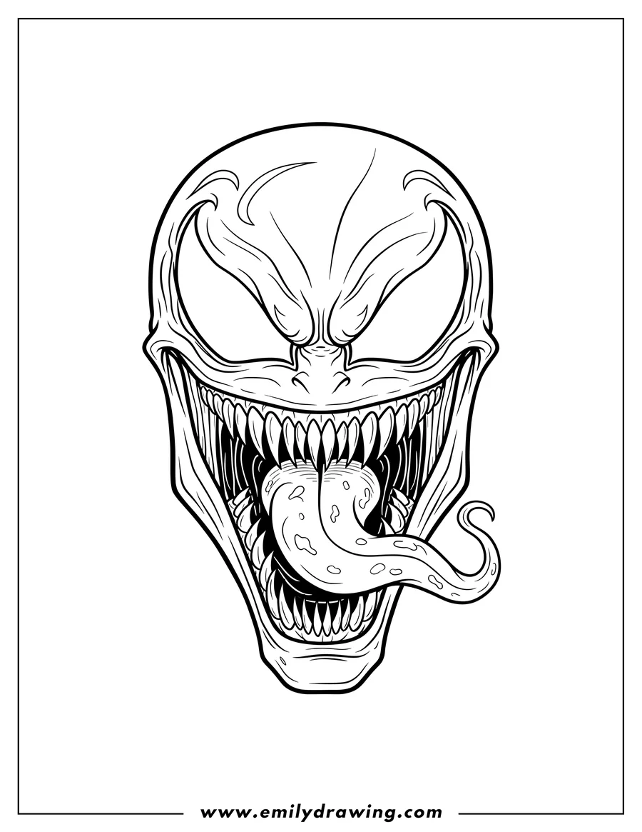 Coloring page for kids: scary Looking Venom Face To Color, with his mouth wide open, showing sharp teeth and a long tongue sticking out