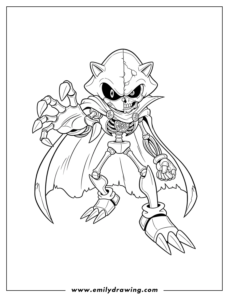 Linear illustration of scary Metal Sonic wearing a cape, with a split skeletal face and robotic skeletal limbs, reaching forward