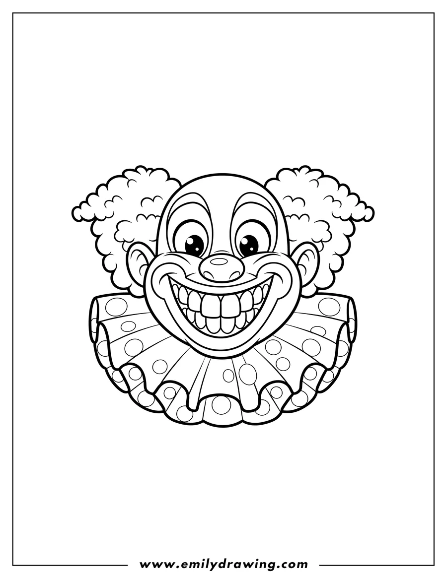 Doodle style coloring picture of scary Pennywise Face with open mouth, sharp teeth, and ruffled collar