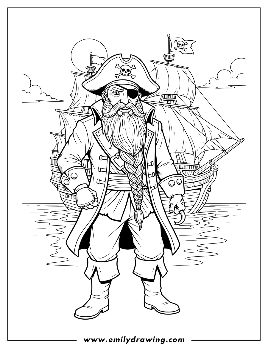 Simple sketch of scary pirate with eyepatch and long beard in front of a sailing pirate ship to color