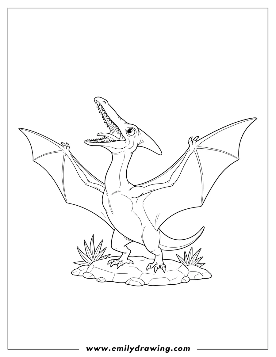 Printable coloring page of scary Pterodactyl Standing On Ground And Spreading Wings, Roaring