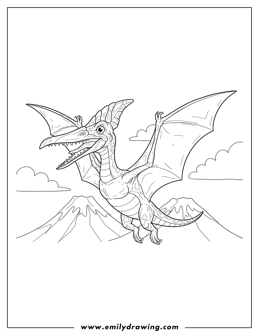 Coloring sheet featuring scary Pterodactyl With Detailed Skin, flying with a head crest