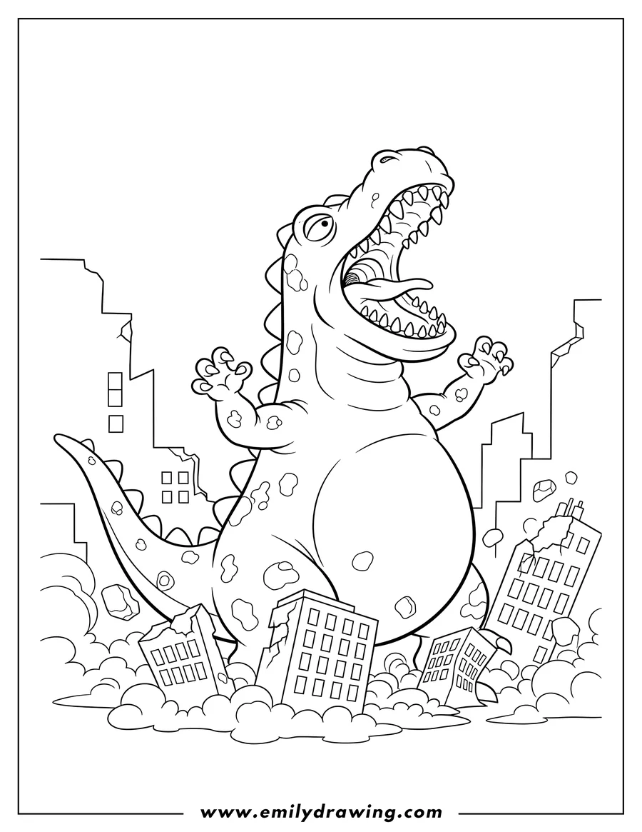 Clean line drawing: scary Reptar roaring with open mouth, smashing city buildings