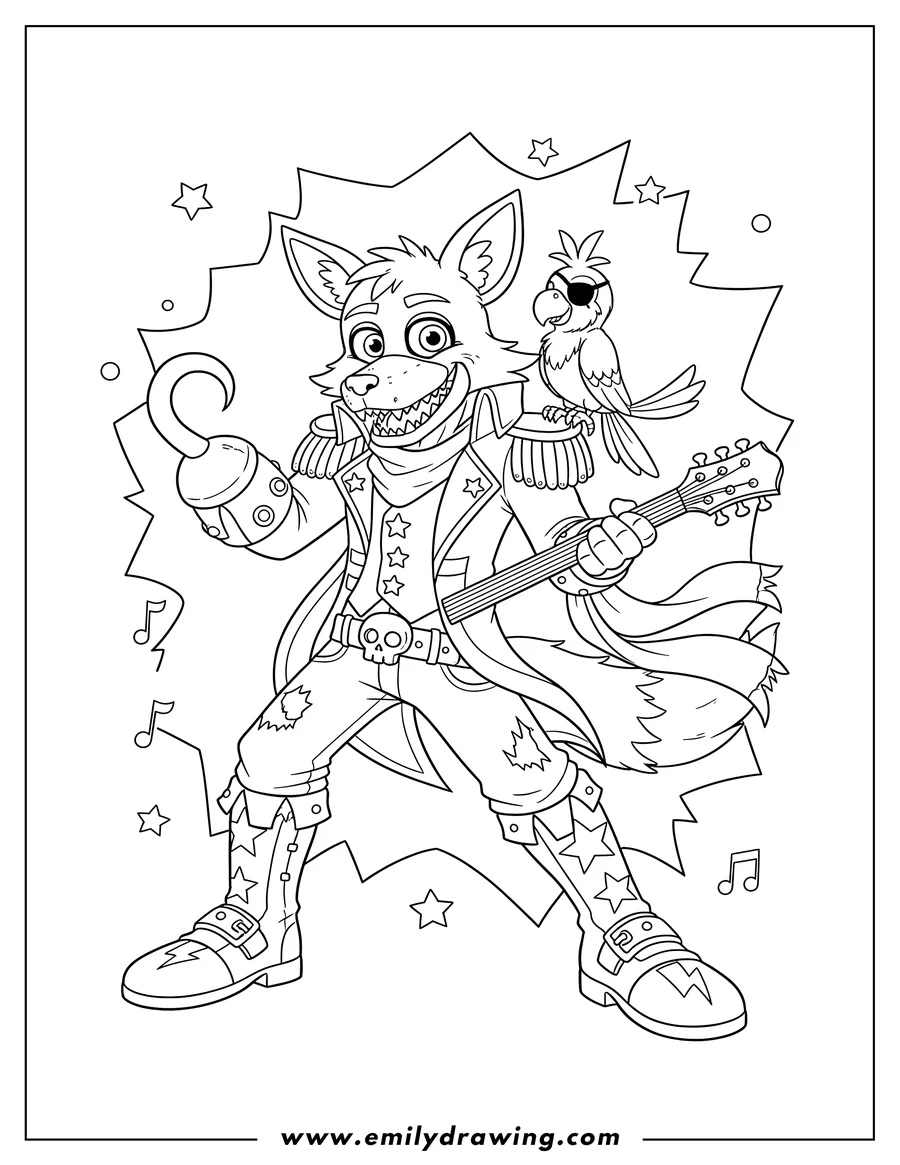 Coloring page of scary Rockstar Foxy with a hook, parrot, and peg leg