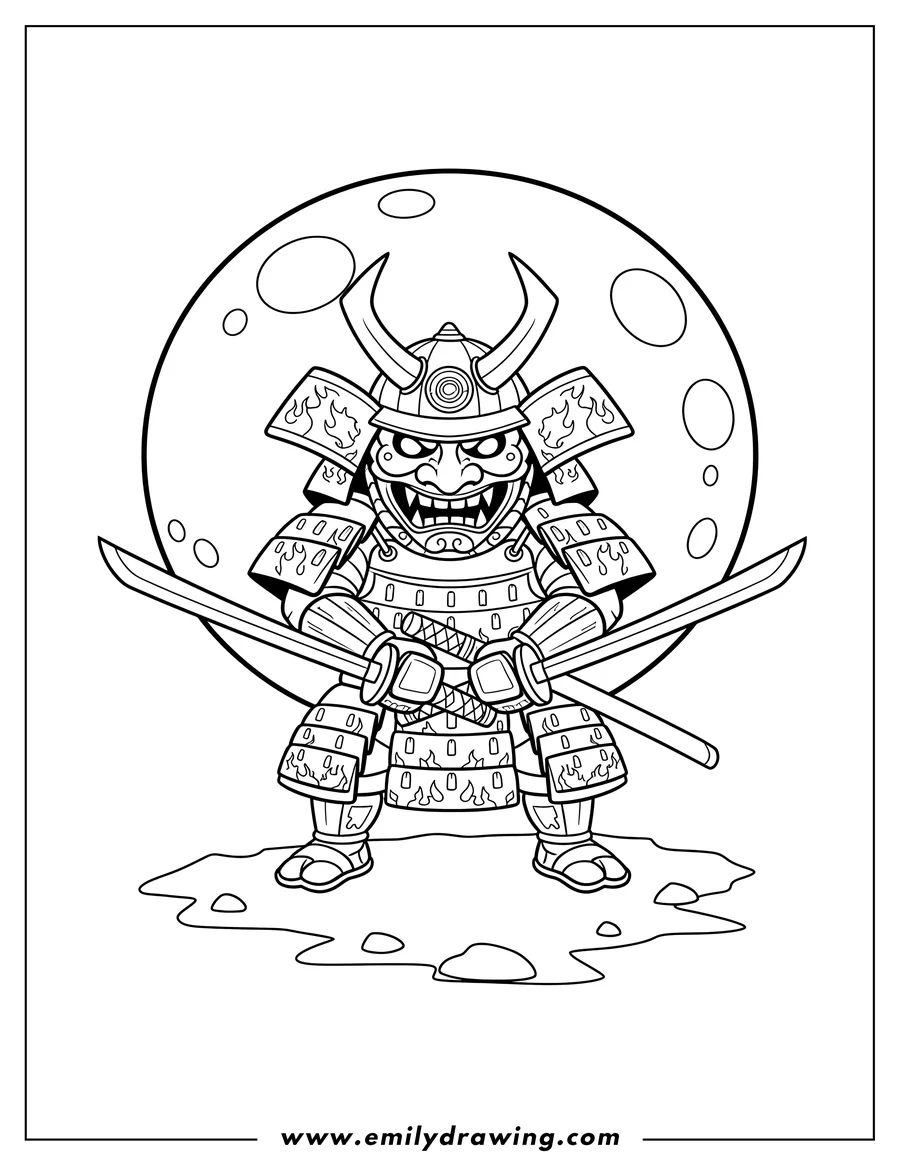 Clean line drawing: scary Samurai wearing armor, holding two katanas, full moon