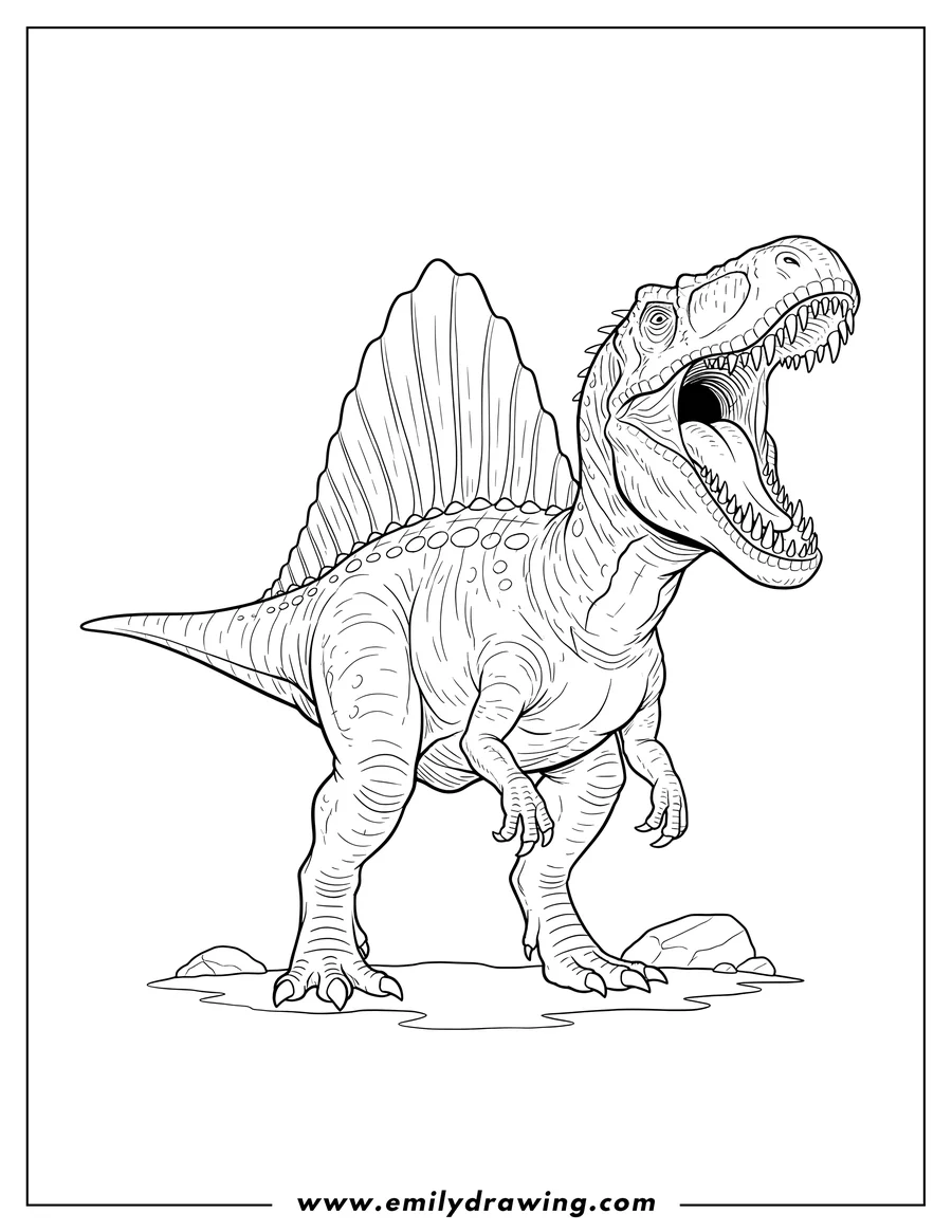 Outline drawing of scary Spinosaurus Roaring, with its mouth wide open, sharp teeth, and a large sail on its back