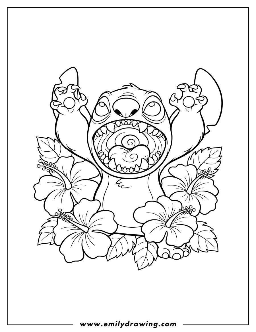Coloring sheet featuring scary Stitch roaring with mouth wide open and arms raised, surrounded by hibiscus flowers