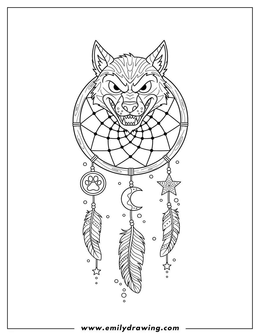 Printable line art of scary Werewolf Dreamcatcher with a snarling wolf's head, hanging feathers, a paw print, moon, and stars