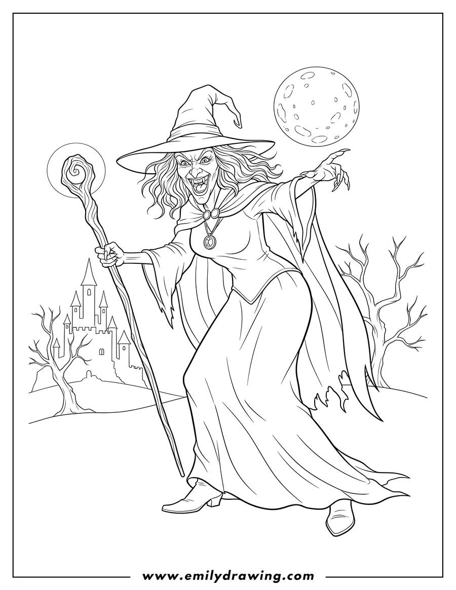 Vector style outline of scary Wicked Witch West cackling, holding a staff, and pointing