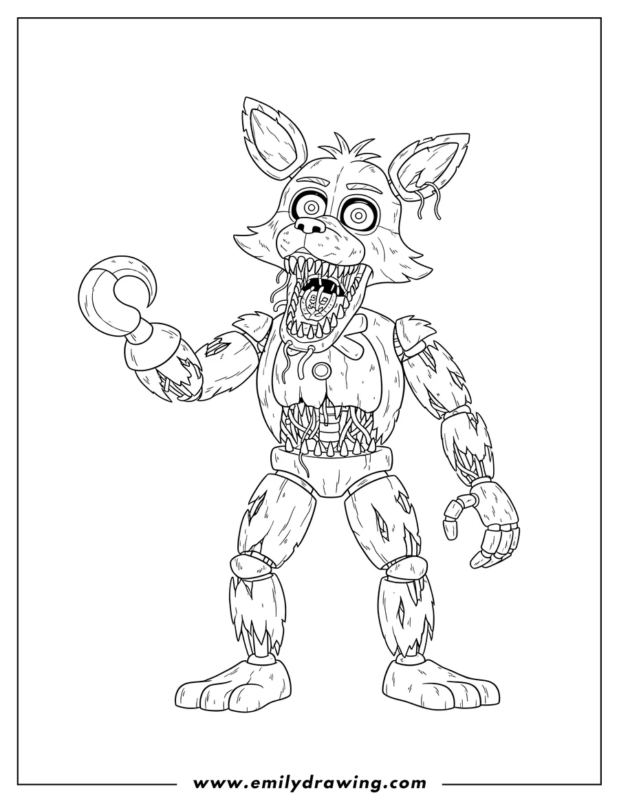 Coloring sheet featuring scary Withered Foxy Five Night At Freddy S with a hook hand and wide open mouth
