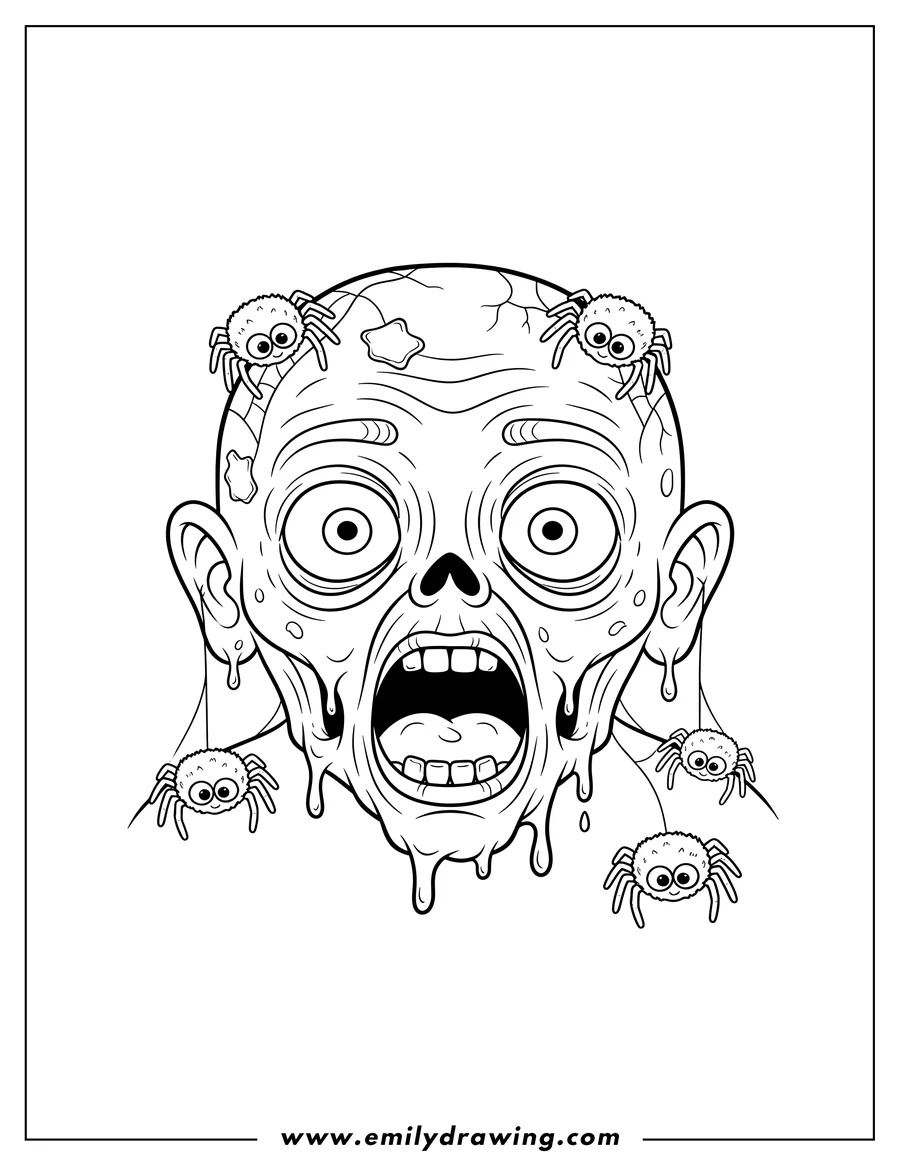 Printable line art of scary Zombie Face With Melting Flesh, wide open mouth, and surrounded by spiders