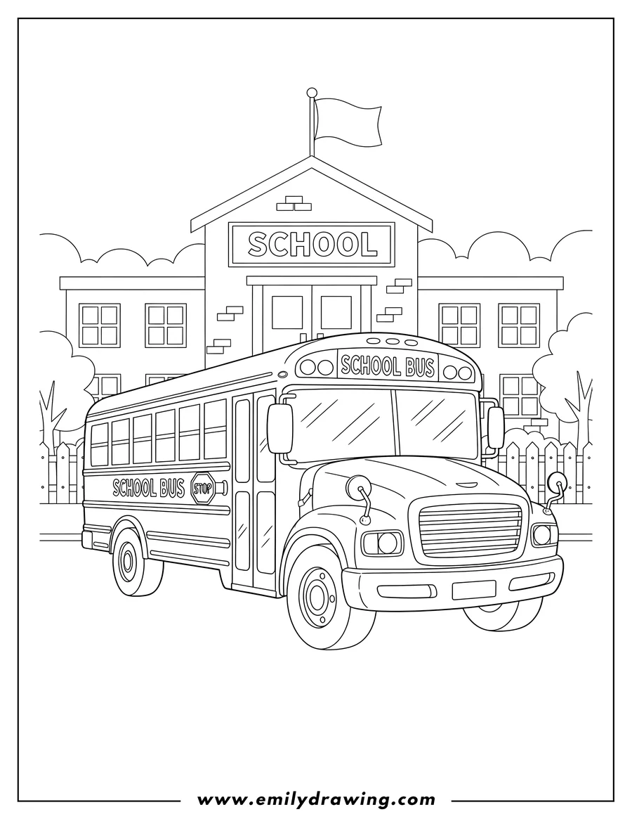 High quality printable school Bus at School with 'SCHOOL BUS' and 'SCHOOL' signs for coloring