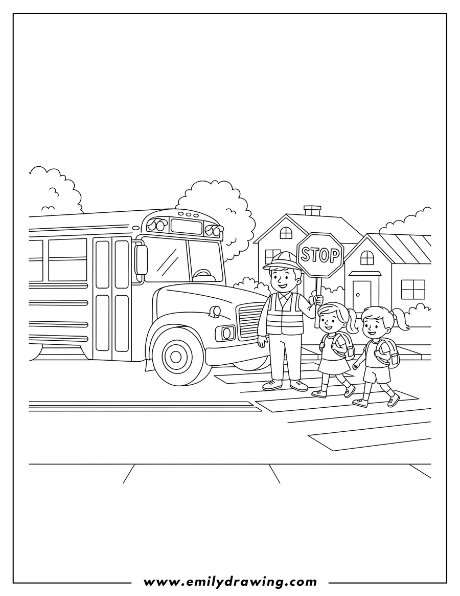 Free printable coloring sheet of school Bus Waiting To Cross Street with a crossing guard holding a stop sign and two children walking on a crosswalk