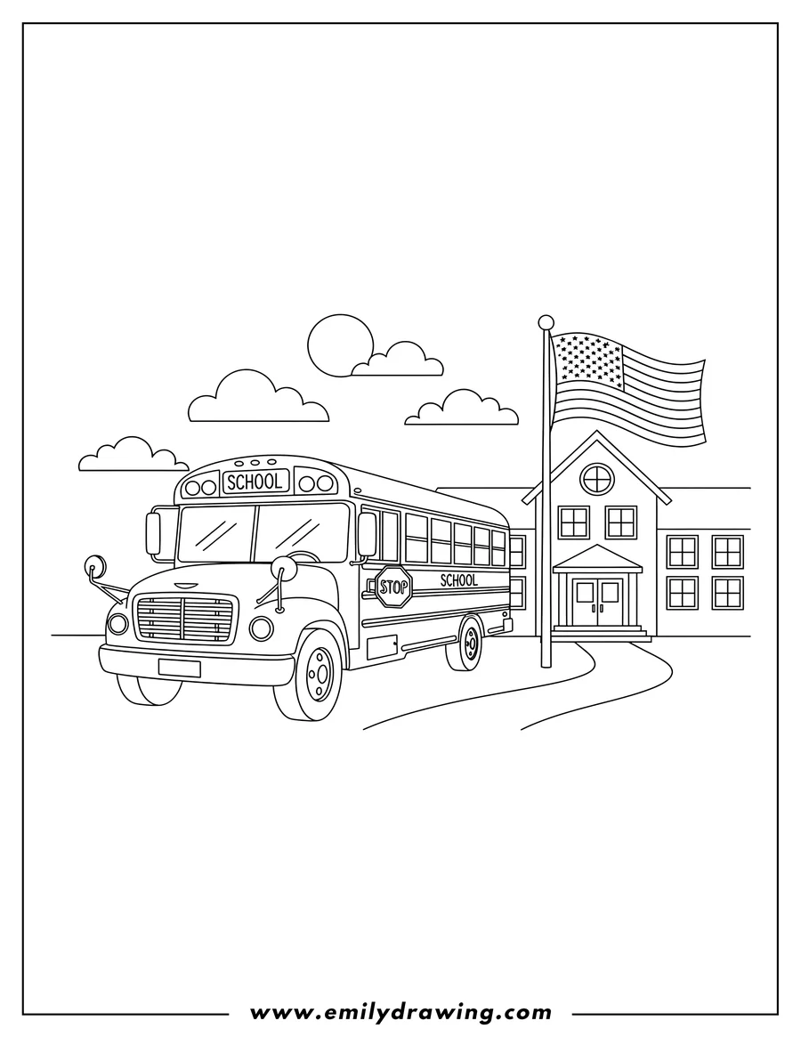 Clean line drawing: school Bus with extended stop sign and American Flag flying next to a school building